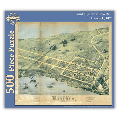 500-piece puzzle cover showing an 1873 bird's eye view of Hancock, Michigan.