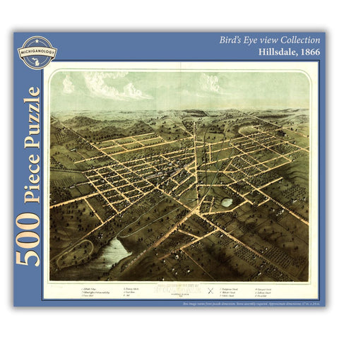 500-piece puzzle cover showing an 1866 bird's eye view of Hillsdale, Michigan.