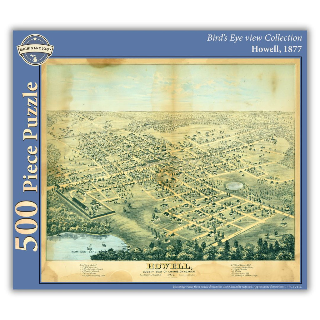 500-piece puzzle cover showing an 1877 bird's eye view of Howell, Michigan.