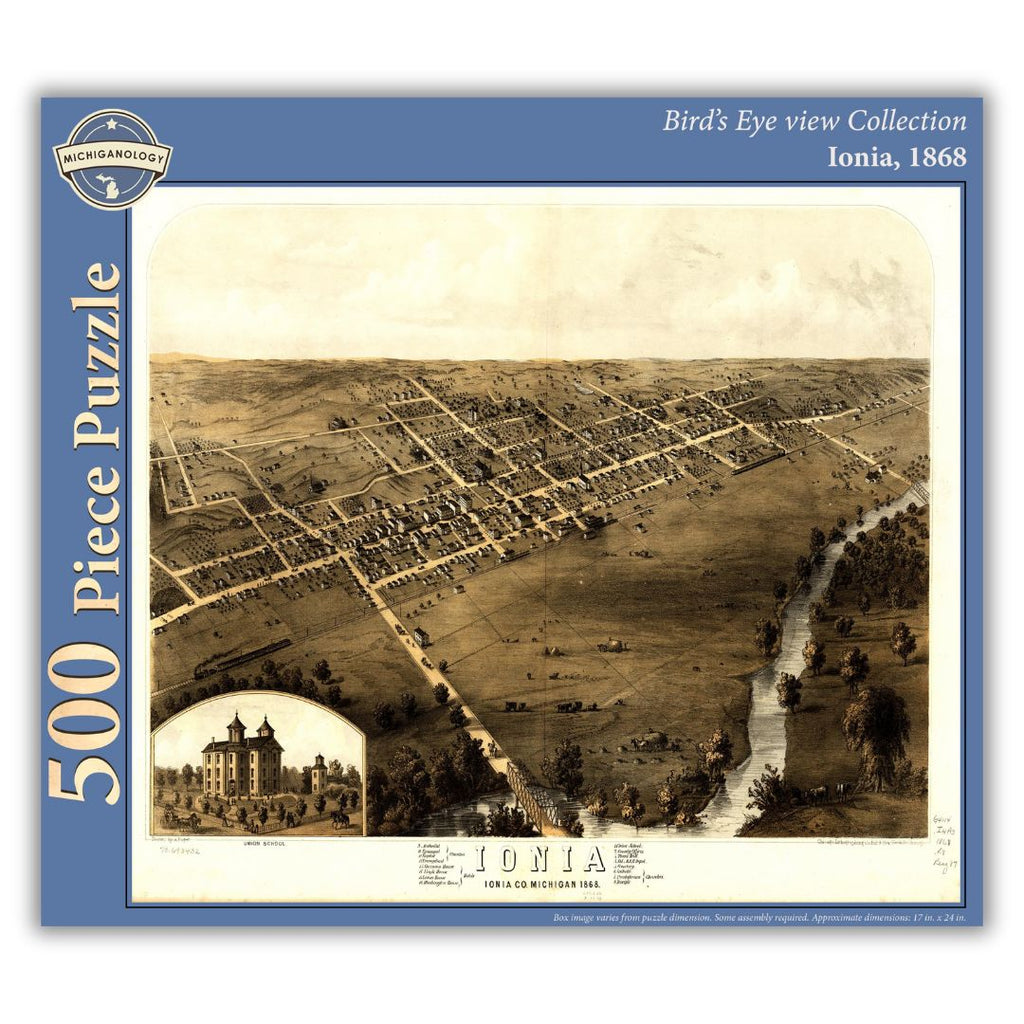 500-piece puzzle cover showing an 1868 bird's eye view of Ionia, Michigan.