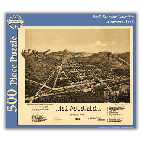 500-piece puzzle cover showing an 1886 bird's eye view of Ironwood, Michigan.