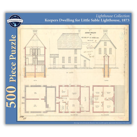 500-piece puzzle cover showing an 1873 architectural drawing of the Keepers Dwelling for Little Sable Lighthouse.