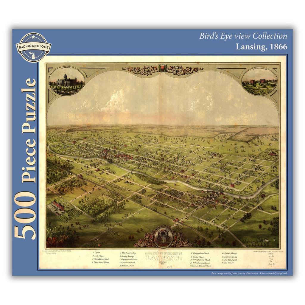 500-piece puzzle cover showing an 1866 bird's eye view of Lansing, Michigan.