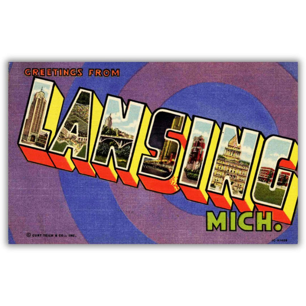 Historical postcard with stylized text that reads “Greetings from Lansing Mich.” The design features various city scenes within the block letters of “Lansing” and is on a background of blue and purple circles.