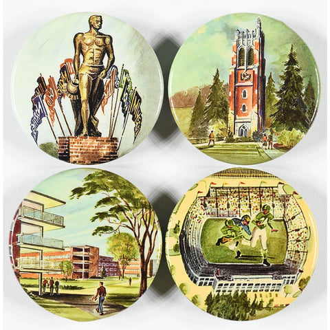 The fronts of four round bottle opener magnets featuring a drawing of Michigan State University’s Spartan Statue with various college flags behind it, an exterior drawing of Michigan State University’s Beaumont Tower, a campus scene with men walking around outside a dormitory, and a bird’s eye view drawing of a football field with two enlarged football players in green jerseys in the middle.