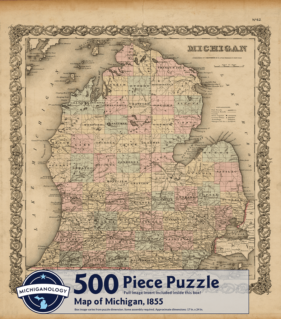 Detailed historical map of Michigan’s lower peninsula with the counties distinguished by various pastel colors on a beige background. Puzzle cover text reads “500 Piece Puzzle Full Image Insert Included inside this box! Map of Michigan, 1855 Box image varies from puzzle dimensions. Some assembly required. Approximate dimensions: 17 in. x 24 in.”
