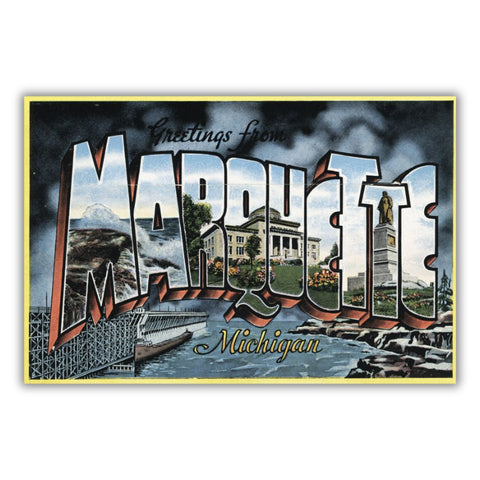 Historical postcard with stylized text that reads “Greetings from Marquette Michigan.” The design features various landscape scenes within the block letters of “Marquette” and is on a background featuring a dark sky and a railway dock.