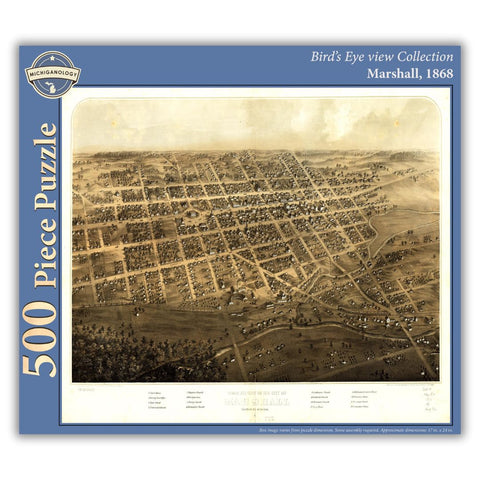 500-piece puzzle cover of an 1868 bird's eye view of Marshall, Michigan.