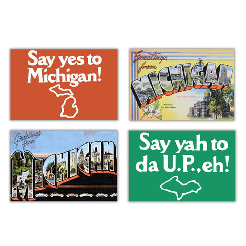 Logo for “Say yes to Michigan!” in bold white text with a white outline of Michigan underneath it on an orange background. Logo for “Say yah to da U.P., eh!” in bold white text with a white outline of the Upper Peninsula underneath it on a green background. Two historical postcards with stylized text that reads “Greetings from Michigan.”
