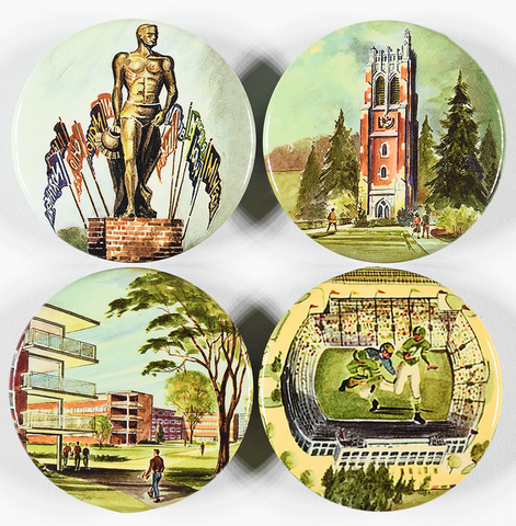 The fronts of four round bottle opener magnets featuring a drawing of Michigan State University’s Spartan Statue with various college flags behind it, an exterior drawing of Michigan State University’s Beaumont Tower, a campus scene with men walking around outside a dormitory, and a bird’s eye view drawing of a football field with two enlarged football players in green jerseys in the middle.