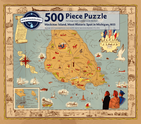 Colorful historical map of Mackinac Island featuring cartoonish drawings at landmarks. Puzzle cover text reads “500 Piece Puzzle Full Image Insert Included inside this box! Mackinac Island, Most Historic Spot in Michigan, 1955 Box image varies from puzzle dimensions. Some assembly required. Approximate dimensions: 17 in. x 24 in.”