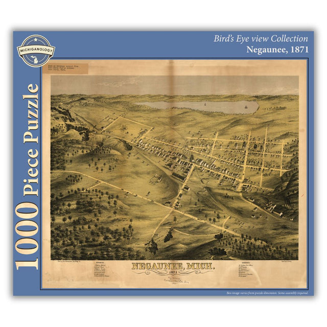 1000-piece puzzle cover showing an 1871 bird's eye view of Negaunee, Michigan.