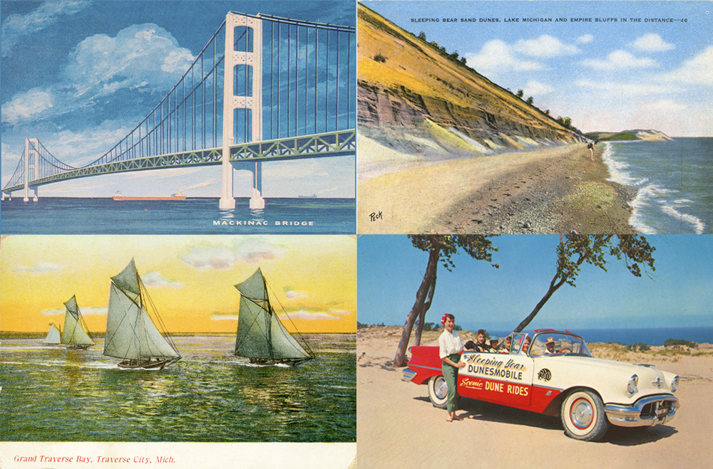 A historical postcard of Grand Traverse Bay featuring four sailboats in the water with a yellow sky behind them. A historical postcard featuring the Mackinac Bridge with a ship in the water below it. A historical postcard showing the shoreline of Lake Michigan with a sand dune to the left. Text on the top reads “Sleeping Bear Sand Dunes, Lake Michigan and Empire Bluffs in the Distance” A historical postcard showing a group of people in a red and white Dunesmobile on the top of a sand dune.