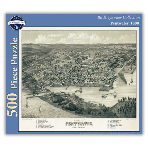 500-piece puzzle cover showing an 1880 bird's eye view of Pentwater, Michigan.