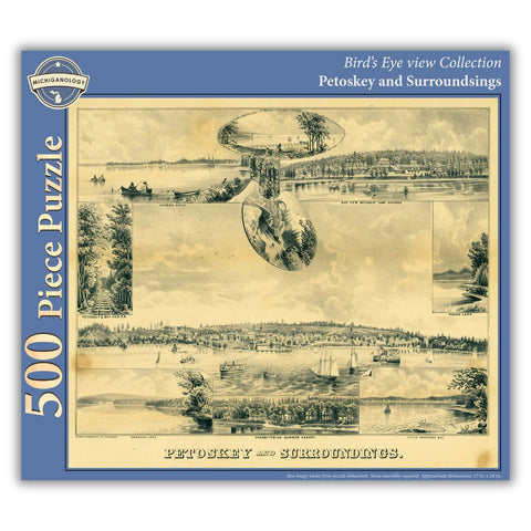 500-piece puzzle cover showing a bird's eye view of Petoskey, Michigan.