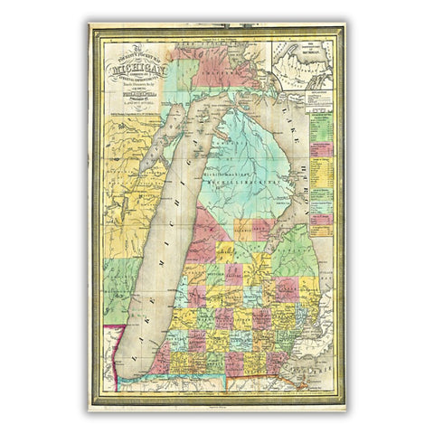 Detailed historical map of the lower peninsula of Michigan with counties identified in various bright colors.