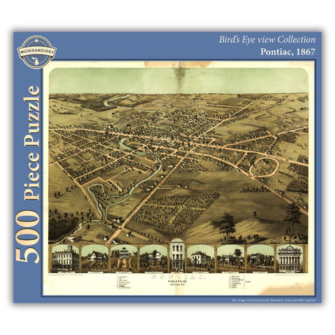 500-piece puzzle cover showing an 1867 bird's eye view of Pontiac, Michigan.