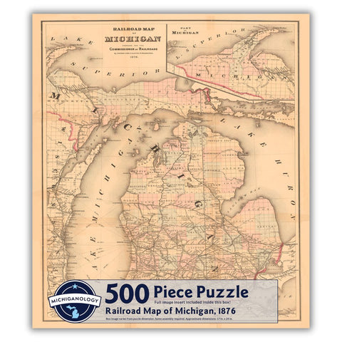 Detailed historical map of Michigan identifying rail lines. Puzzle cover text reads “500 Piece Puzzle Full Image Insert Included inside this box! Railroad Map of Michigan, 1876 Box image varies from puzzle dimensions. Some assembly required. Approximate dimensions: 17 in. x 24 in.”