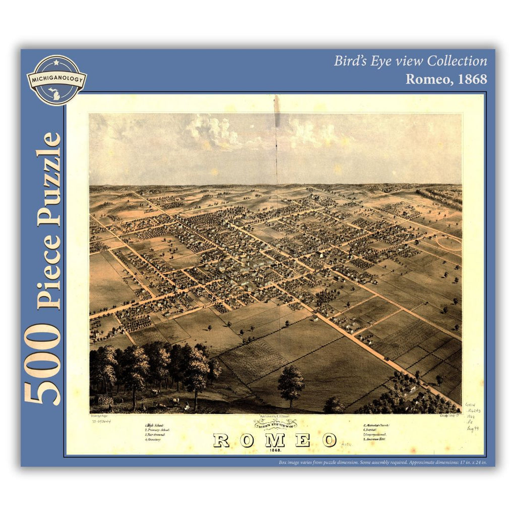 500-piece puzzle cover showing an 1868 bird's eye view of Romeo, Michigan.