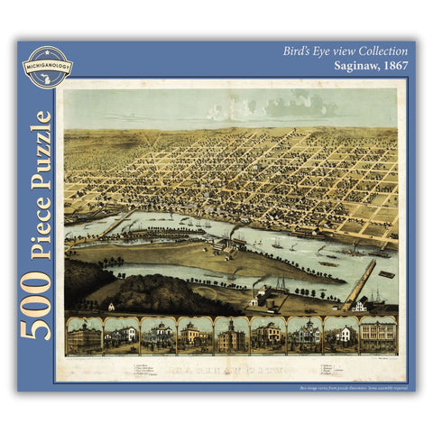 500-piece puzzle cover of an 1867 bird's eye view of Saginaw, Michigan.