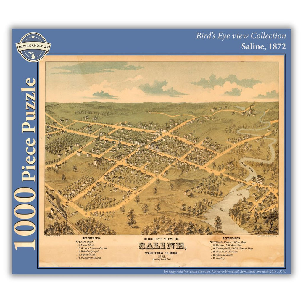 1000-piece puzzle cover showing an 1872 bird's eye view of Saline, Michigan.