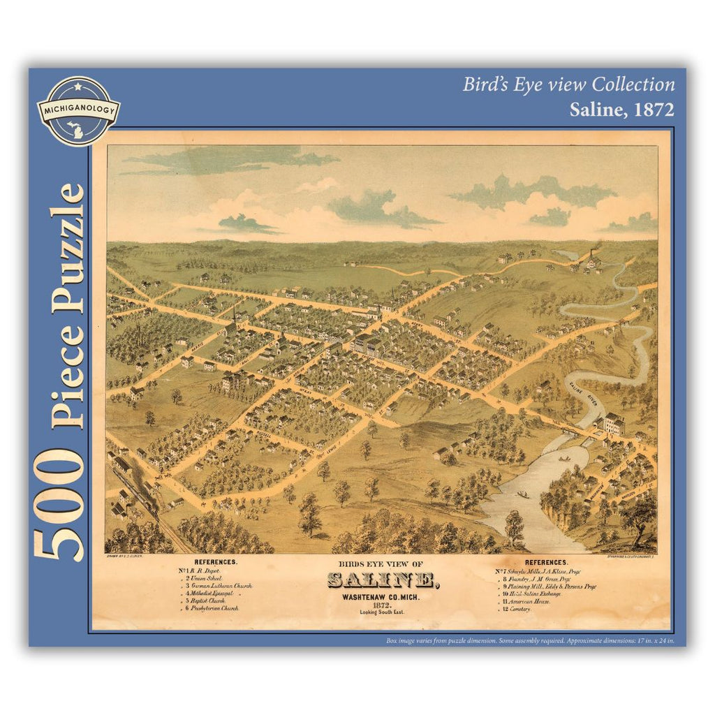 500-piece puzzle cover showing an 1872 bird's eye view of Saline, Michigan.