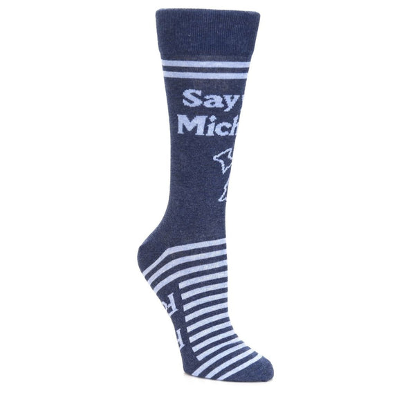 Side view of a crew-length sock featuring the text “Say yes to Michigan” with an outline of the state of Michigan underneath it. The sock is navy blue and light blue and has stripes on the foot and near the cuff.