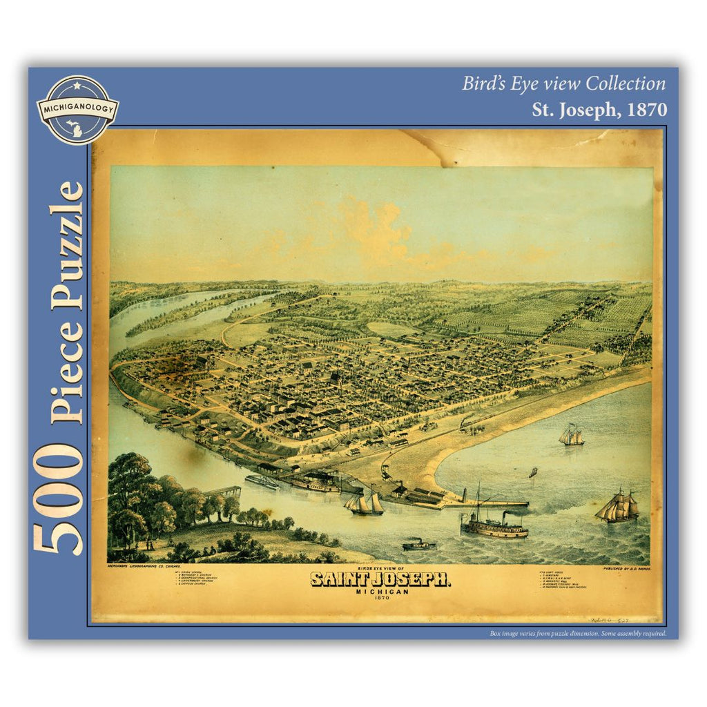 500-piece puzzle cover showing an 1870 bird's eye view of St. Joseph, Michigan.