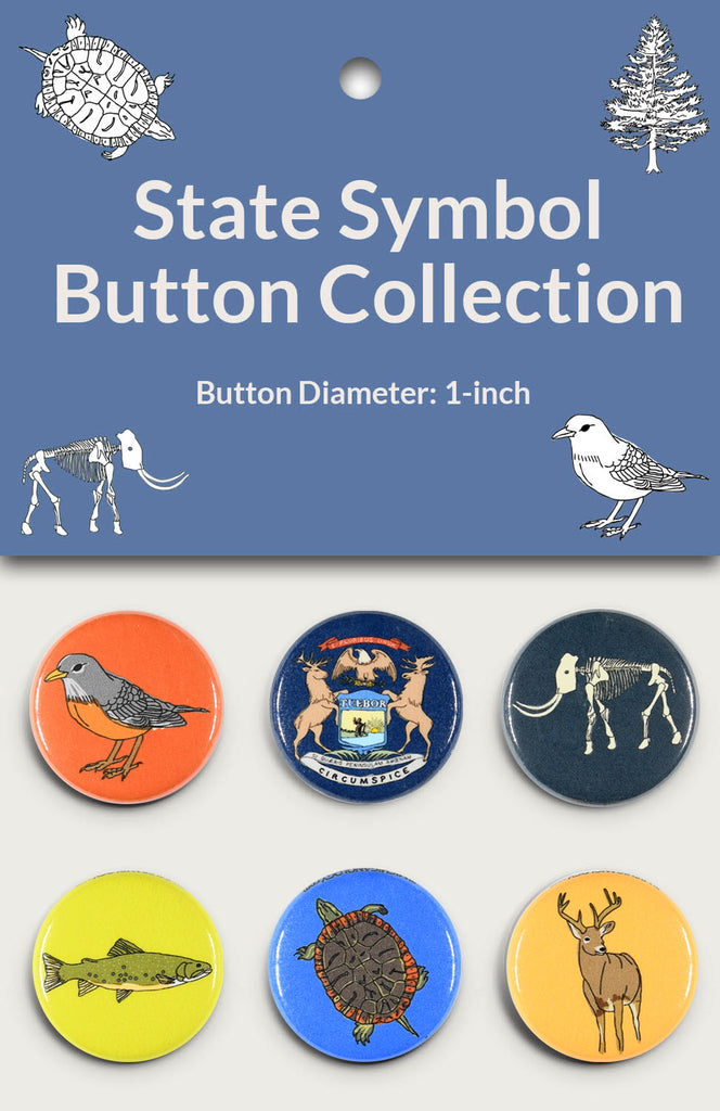 A package of the State Symbol Fauna Button Collection showing six round buttons with different color backgrounds.