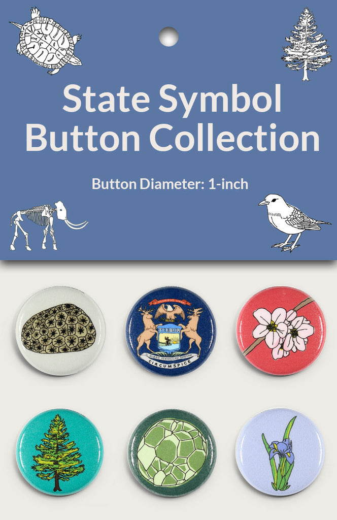 A package of the State Symbol Flora Button Collection showing six round buttons with different color backgrounds.