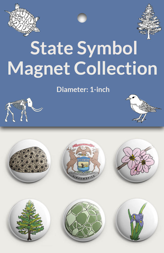 A package of the State Symbol Flora Magnet Collection showing six round magnets with white backgrounds.