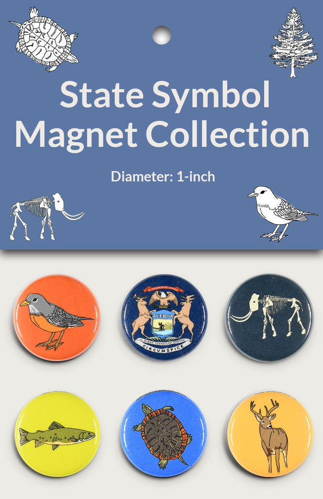 A package of the State Symbol Fauna Magnet Collection showing six round magnets with different color backgrounds.