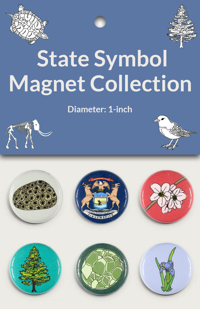 A package of the State Symbol Flora Magnet Collection showing six round magnets with different color backgrounds.