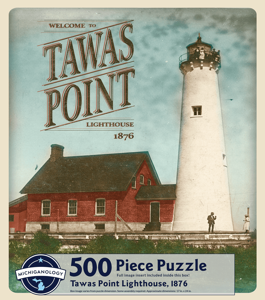 Colorized historical image of Tawas Point Lighthouse and keeper’s dwelling. Puzzle cover text reads “500 Piece Puzzle Full Image Insert Included inside this box! Tawas Point Lighthouse, 1876 Box image varies from puzzle dimensions. Some assembly required. Approximate dimensions: 17 in. x 24 in.”