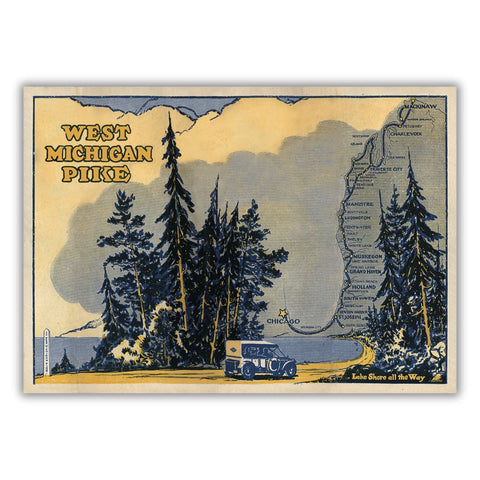 Graphic design featuring an automobile driving on a curved road next to a lake with tall trees around it. The background shows a map of cities along the western coast of Michigan. The design’s colors are muted blues, yellows, and grays.