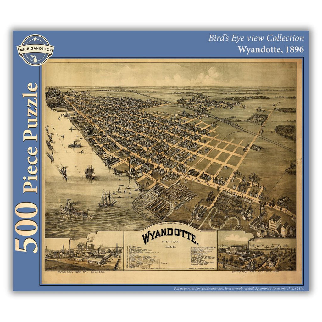 500-piece puzzle cover showing an 1896 bird's eye view of Wyandotte, Michigan.