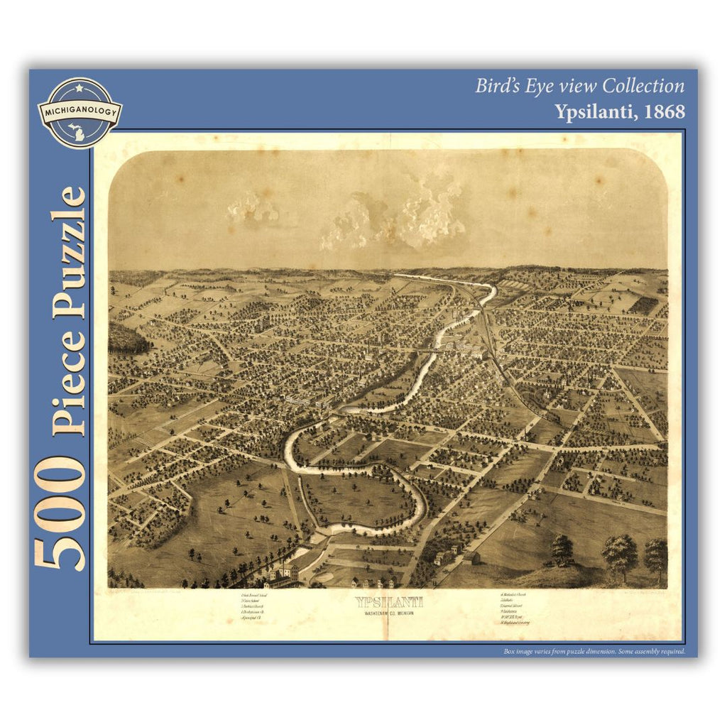 500-piece puzzle cover of an 1868 bird's eye view of Ypsilanti, Michigan.