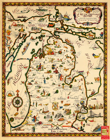 Historical map of the lower peninsula and half of the upper peninsula of Michigan. The design features colorful cartoonish drawings to distinguish landmarks.