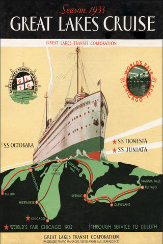 Front of a brochure with graphic design featuring a cruise ship sailing on a map of the Great Lakes showing the cruise route. The text and design are in white, red, green, black, and light yellow. Text reads “Season 1933 Great Lakes Cruise Great Lakes Transit Corporation S.S. Octorara S.S. Tionesta S.S. Juniata World’s Fair Chicago 1933 Through Service to Duluth Great Lakes Transit Corporation Passenger Traffic Manager, 120 Delaware Ave, Buffalo, N.Y.”