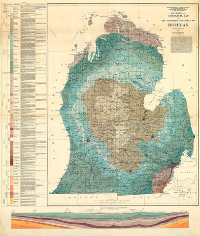 Detailed historical map of Michigan’s lower peninsula with a key on the left that distinguishes elevation levels. Elevations on the map are distinguished in various shades of blue, brown, and purple.