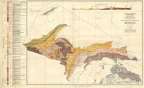 Detailed historical map of Michigan’s upper peninsula with a key on the left that distinguishes elevation levels. Elevations on the map are distinguished in various shades of pink, orange, and green.