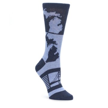 A crew-length sock featuring outlines of the state of Michigan and the Mackinac Bridge in navy blue and light blue colors.