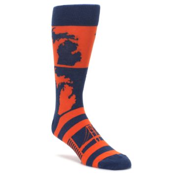 A crew-length sock featuring outlines of the state of Michigan and the Mackinac Bridge in navy blue and orange colors.