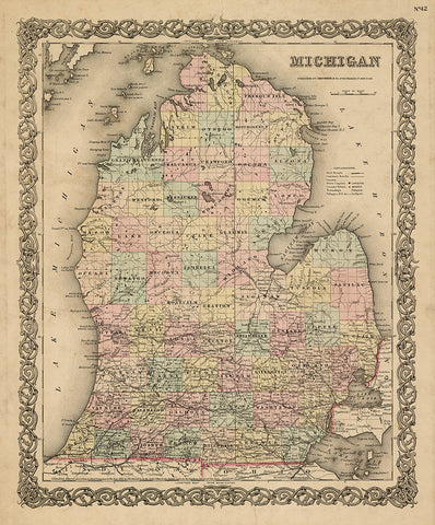 Detailed historical map of Michigan’s lower peninsula with the counties distinguished by various pastel colors on a beige background.