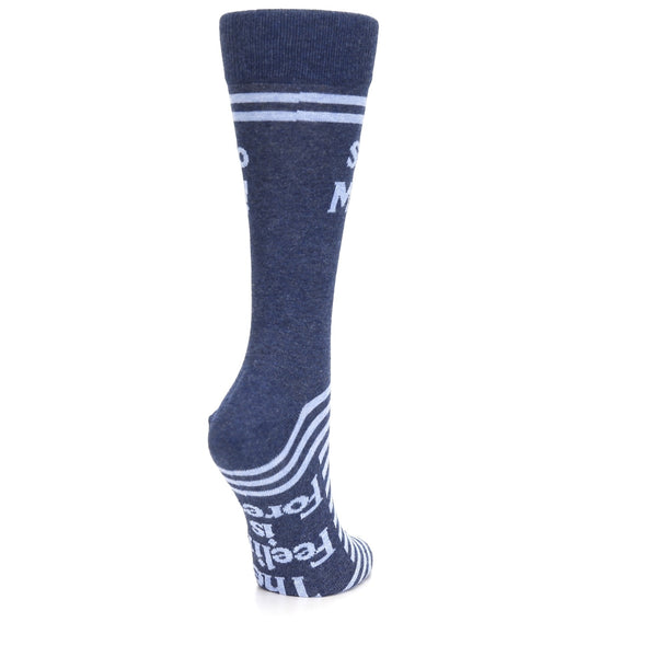 Back view of a crew-length sock featuring the text “Say yes to Michigan” with an outline of the state of Michigan underneath it. The sock is navy blue and light blue and has stripes on the foot and near the cuff. Underneath the foot has the text “The Feeling is Forever”