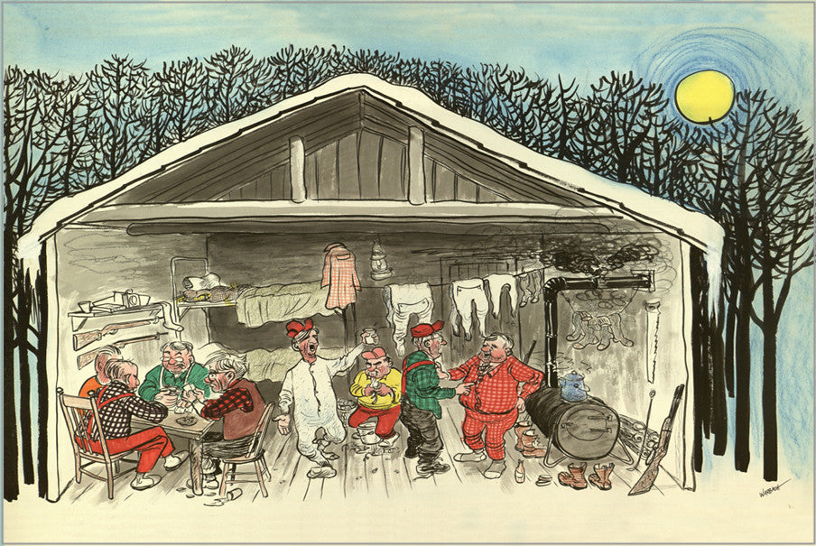 A color illustration titled “Deer Camp” by Oscar Warbach. The illustration shows eight men in various poses inside a forest cabin in winter.