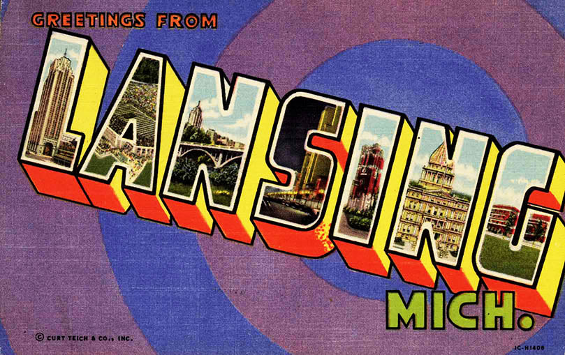 Historical postcard with stylized text that reads “Greetings from Lansing Mich.” The design features various city scenes within the block letters of “Lansing” and is on a background of blue and purple circles.