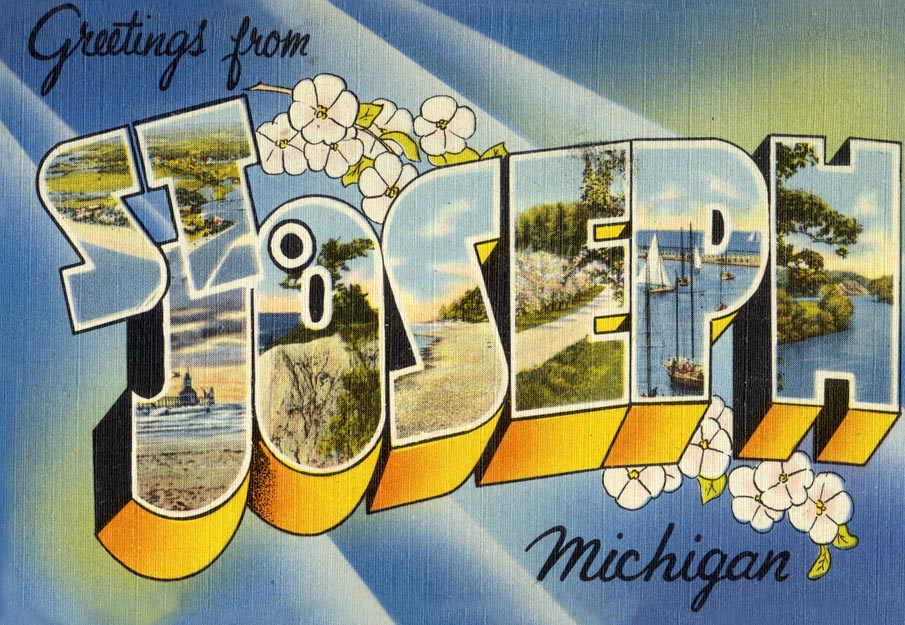 Historical postcard with stylized text that reads “Greetings from St. Joseph Michigan.” The design features various landscape scenes within the block letters of “St. Joseph” and is on a light blue and yellow background.