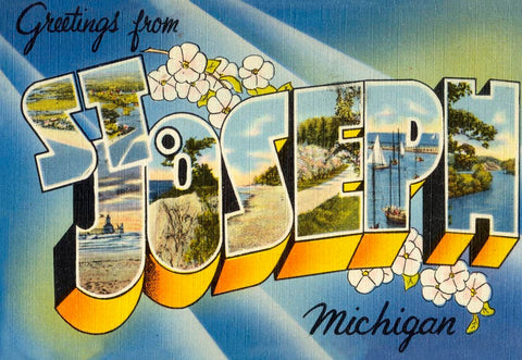 Historical postcard with stylized text that reads “Greetings from St. Joseph Michigan.” The design features various landscape scenes within the block letters of “St. Joseph” and is on a light blue and yellow background.