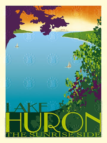 scene of Lake Huron from shore with text "Lake Huron, The Sunrise Side" Martens Prints logo watermarks the image.